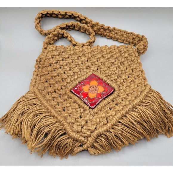 Handmade Macrame Purse Shoulder Bag Fold Over Flap Ceramic Tile Boho Hippie - Picture 1 of 8